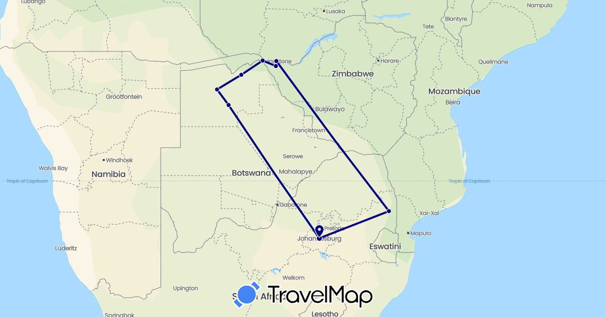 TravelMap itinerary: driving in Botswana, South Africa, Zambia, Zimbabwe (Africa)